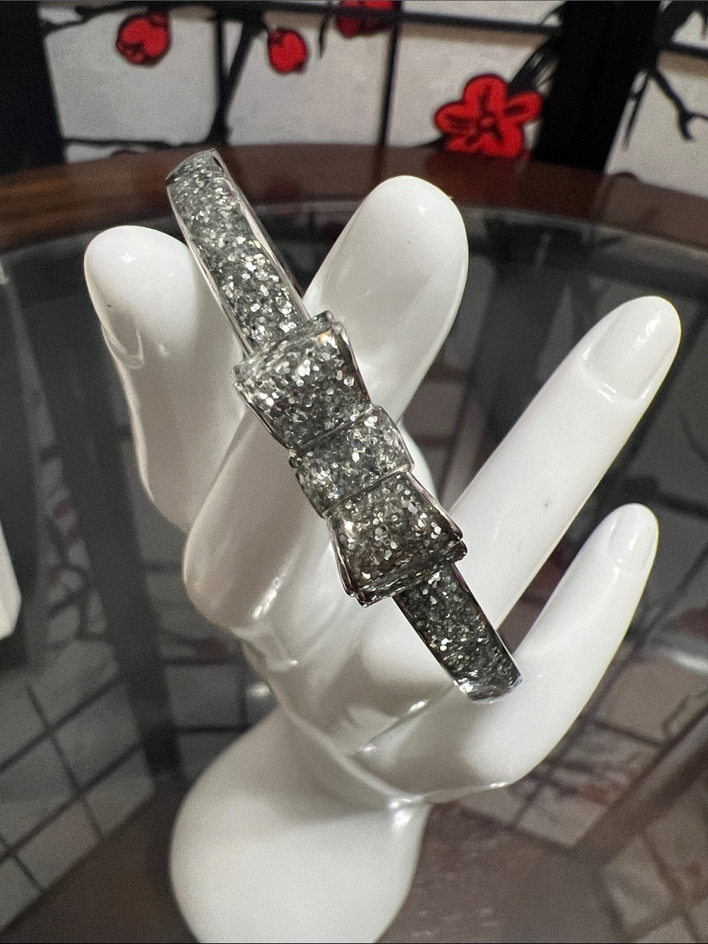 kate spade Silver Crystal Bow Hinged Bangle Bracelet - Picture 5 of 6